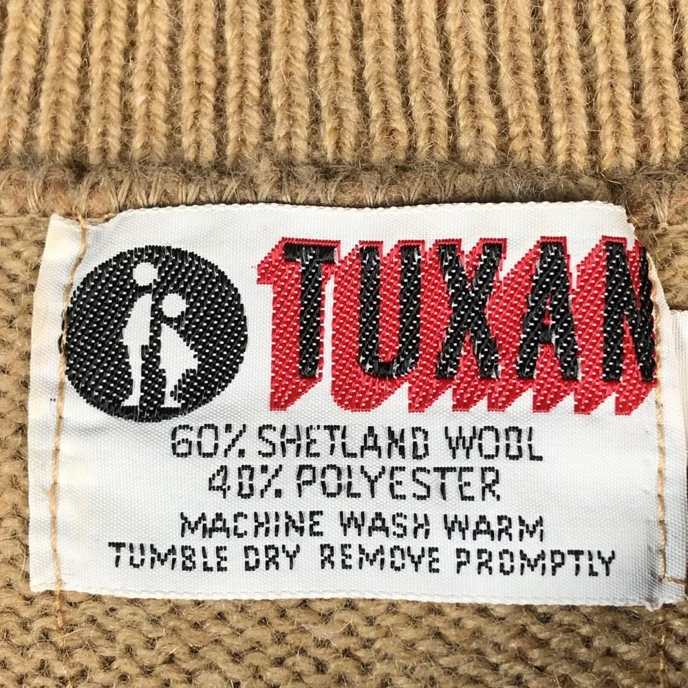 Tuxan Sweater Mens XLL‎ Tan V-Neck Shetland Wool Blend Knit Pullover Ribbed Vtg